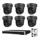 Hikvision 6 x 8MP DS-2CD2387G3-LIS2UY/SL ColorVu 3.0 CCTV Kit + DS-7608NI-M2/8P 8CH NVR + 4TB HDD, Strobe & Audio Warning — 6 black cameras; manufacturer camera images composed with the included recorder and hard drive