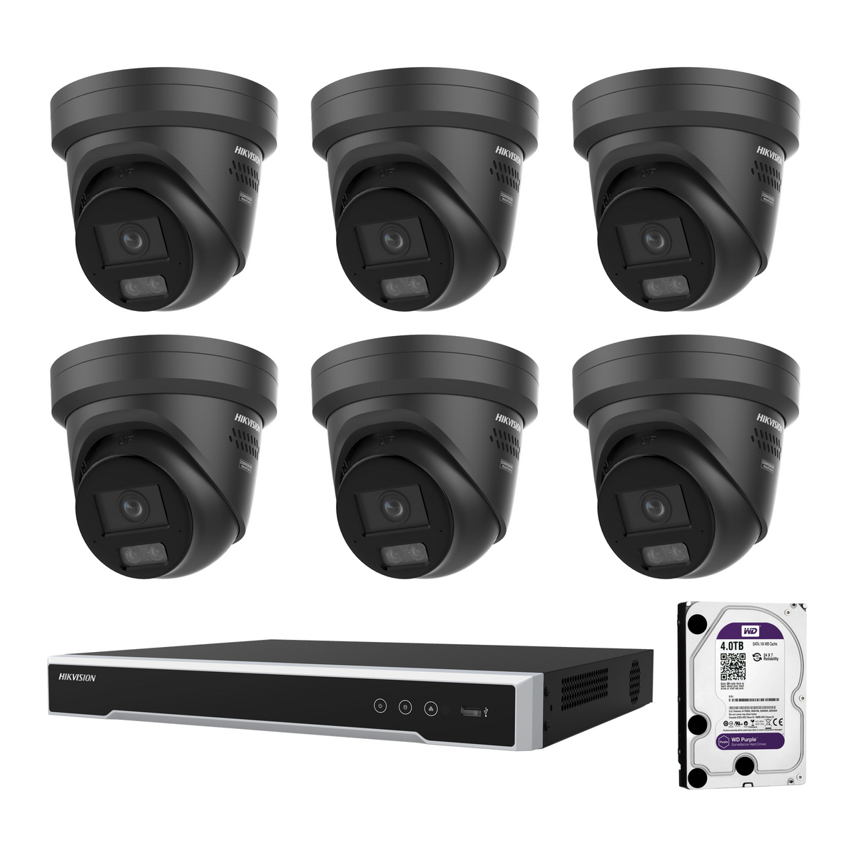 Hikvision 6 x 8MP DS-2CD2387G3-LIS2UY/SL ColorVu 3.0 CCTV Kit + DS-7608NI-M2/8P 8CH NVR + 4TB HDD, Strobe & Audio Warning — 6 black cameras; manufacturer camera images composed with the included recorder and hard drive