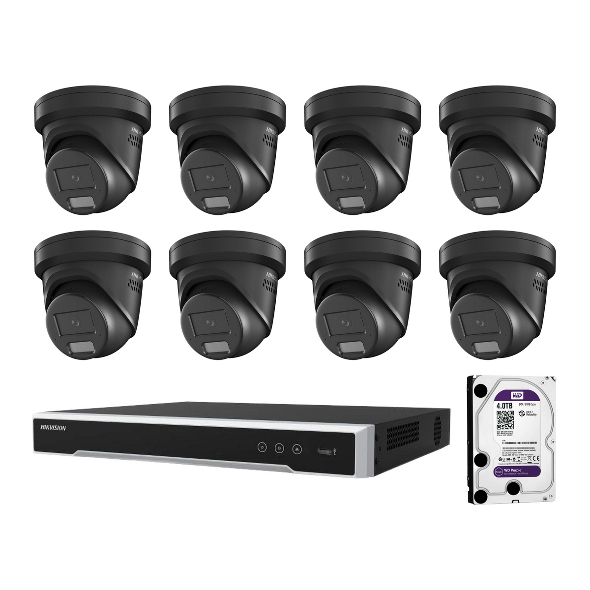 Hikvision 8MP 16CH CCTV Kit: 8 x AcusenseOutdoor Turret With Strobe & Siren + 16CH NVR/4TB