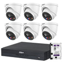 Set of six Dahua security cameras with a DVR and hard drive on a white background