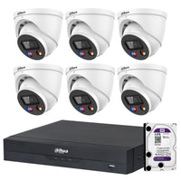 Set of six Dahua security cameras with a DVR and hard drive on a white background