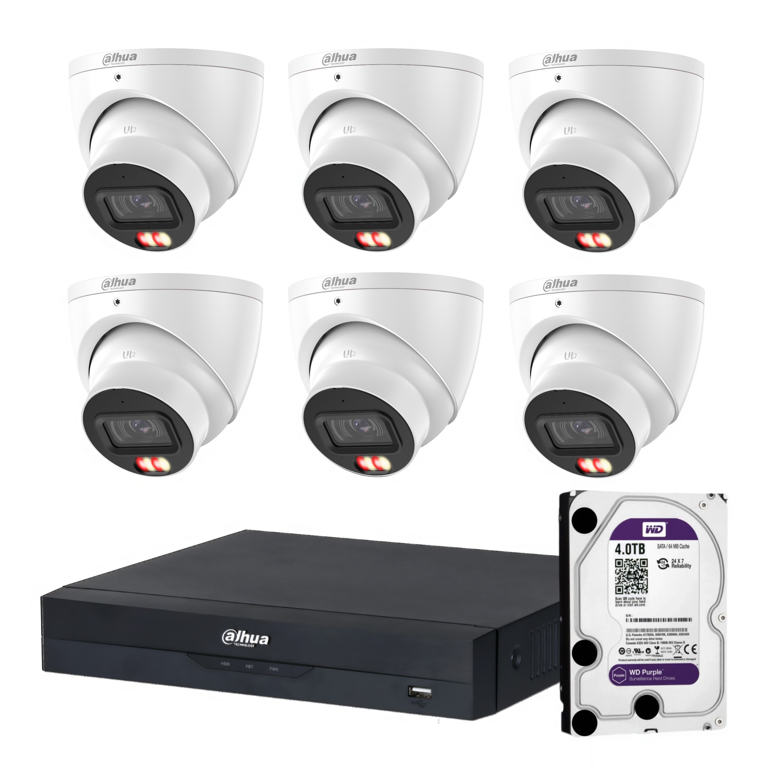 Dahua 6 x 6MP+ 8 Channels Kit:6x Smart Dual Light Turret Cameras with SMD 4.0 & Mic + 8CH PoE NVR+ 4TB HDD