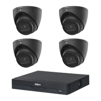 Dahua HDW2541EMP 4-Camera 5MP Turret CCTV Kit + 4CH PoE NVR, No HDD — 4 black cameras; LSC supplier camera images composed with the included recorder