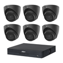 Dahua HDW2541EMP 6-Camera 5MP Turret CCTV Kit + 8CH PoE NVR, No HDD — 6 black cameras; LSC supplier camera images composed with the included recorder