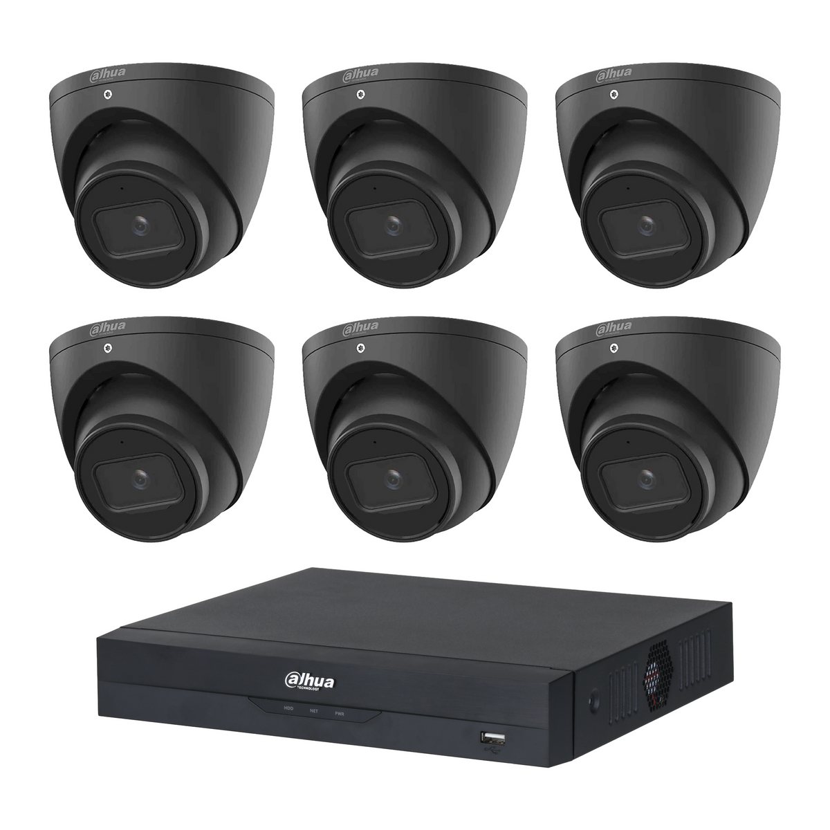 Dahua HDW2541EMP 6-Camera 5MP Turret CCTV Kit + 8CH PoE NVR, No HDD — 6 black cameras; LSC supplier camera images composed with the included recorder