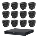 Dahua HDW2541EMP 12-Camera 5MP Turret CCTV Kit + 16CH PoE NVR, No HDD — 12 black cameras; LSC supplier camera images composed with the included recorder