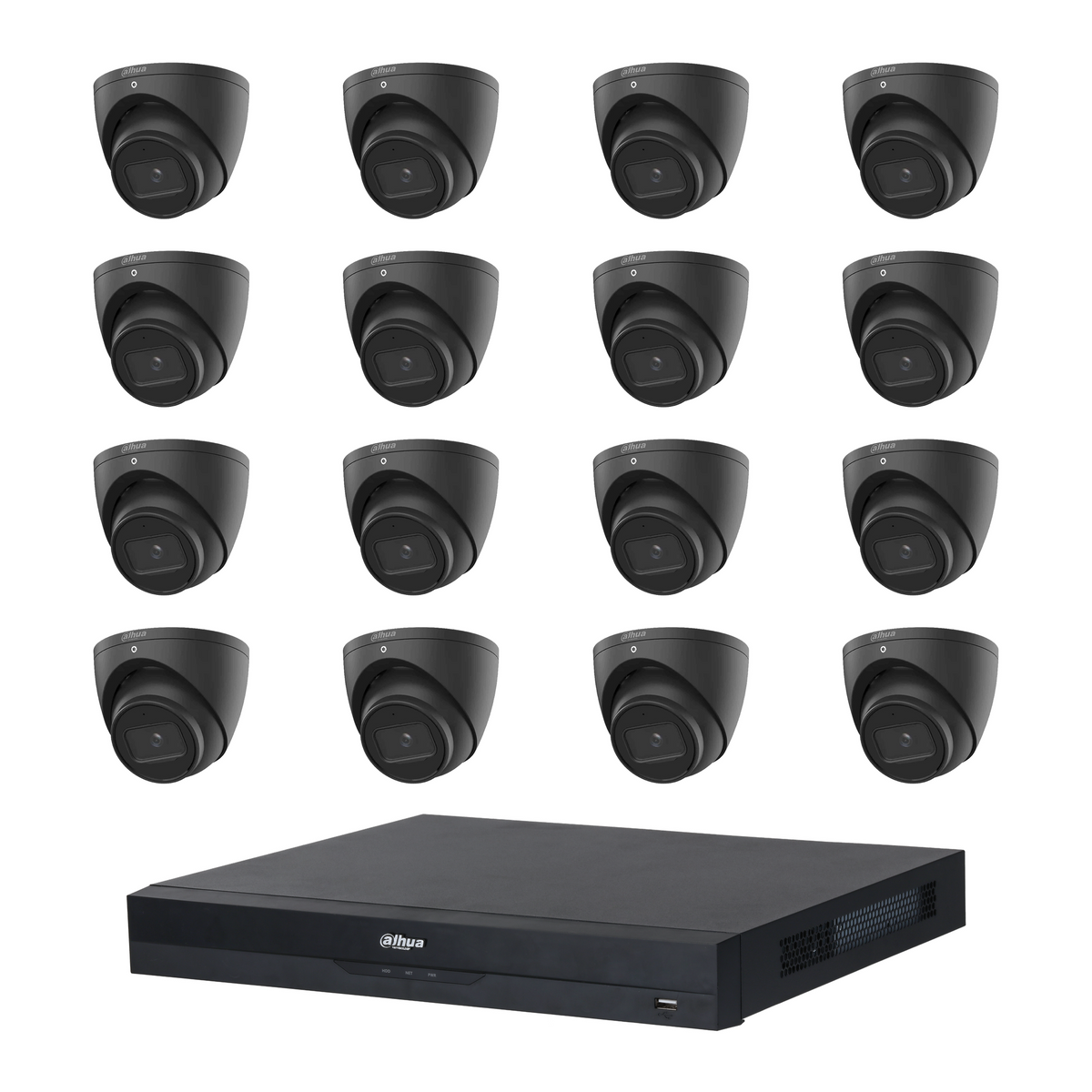 Dahua HDW2541EMP 16-Camera 5MP Turret CCTV Kit + 16CH PoE NVR, No HDD — 16 black cameras; LSC supplier camera images composed with the included recorder