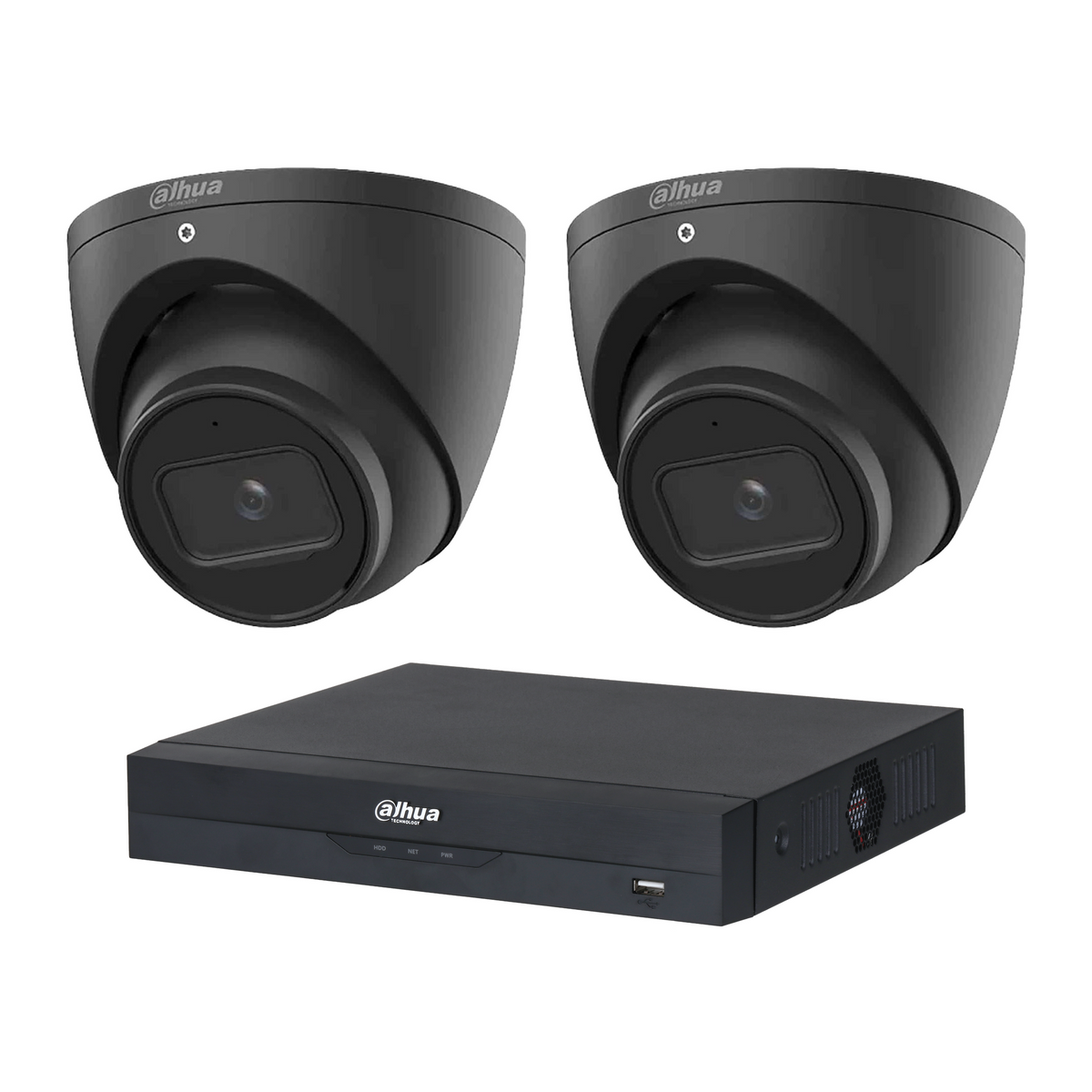 Dahua HDW2541EMP 2-Camera 5MP CCTV Kit + 4CH PoE NVR, No HDD — 2 black cameras; LSC supplier camera images composed with the included recorder