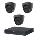 Dahua HDW2541EMP 3-Camera 5MP CCTV Kit + 4CH PoE NVR, No HDD — 3 black cameras; LSC supplier camera images composed with the included recorder