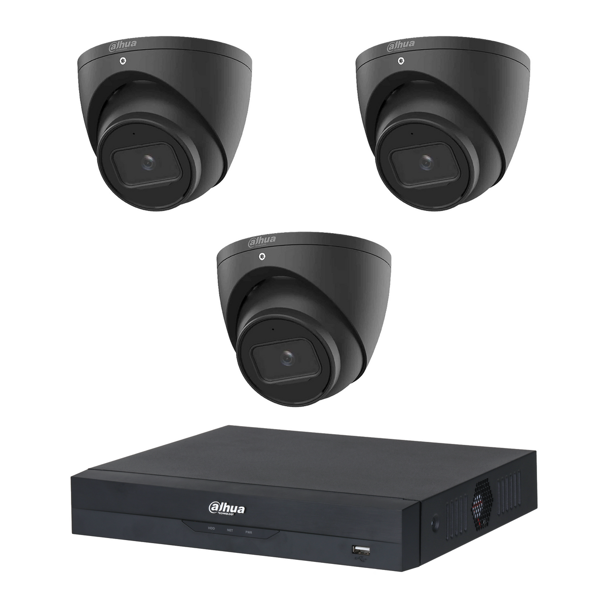 Dahua HDW2541EMP 3-Camera 5MP CCTV Kit + 4CH PoE NVR, No HDD — 3 black cameras; LSC supplier camera images composed with the included recorder