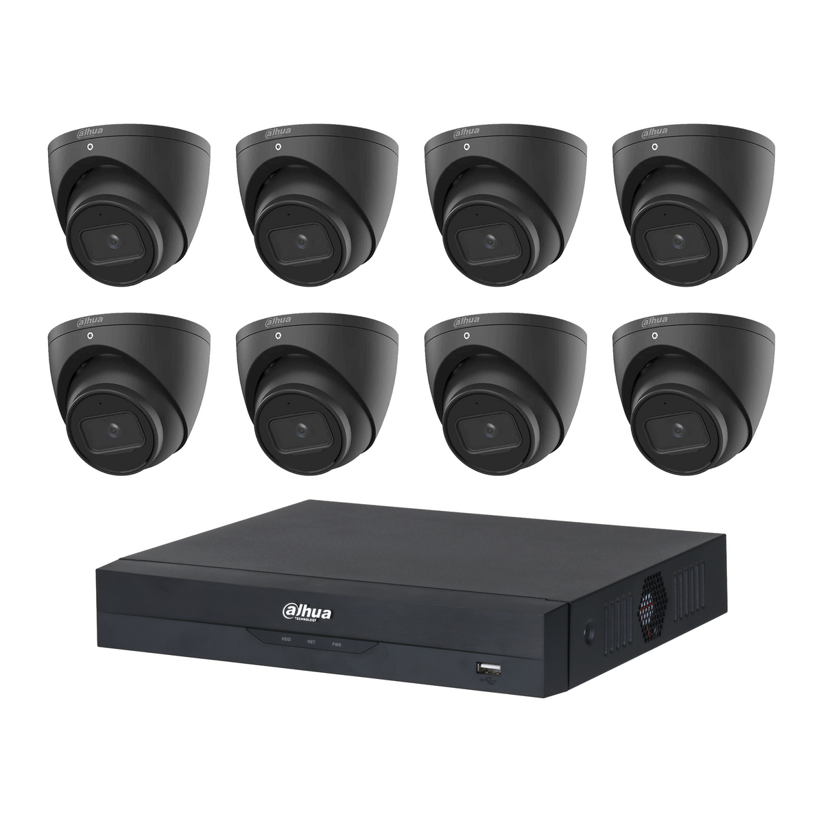 Dahua HDW2541EMP 8-Camera 5MP CCTV Kit + 8CH PoE NVR, No HDD — 8 black cameras; LSC supplier camera images composed with the included recorder