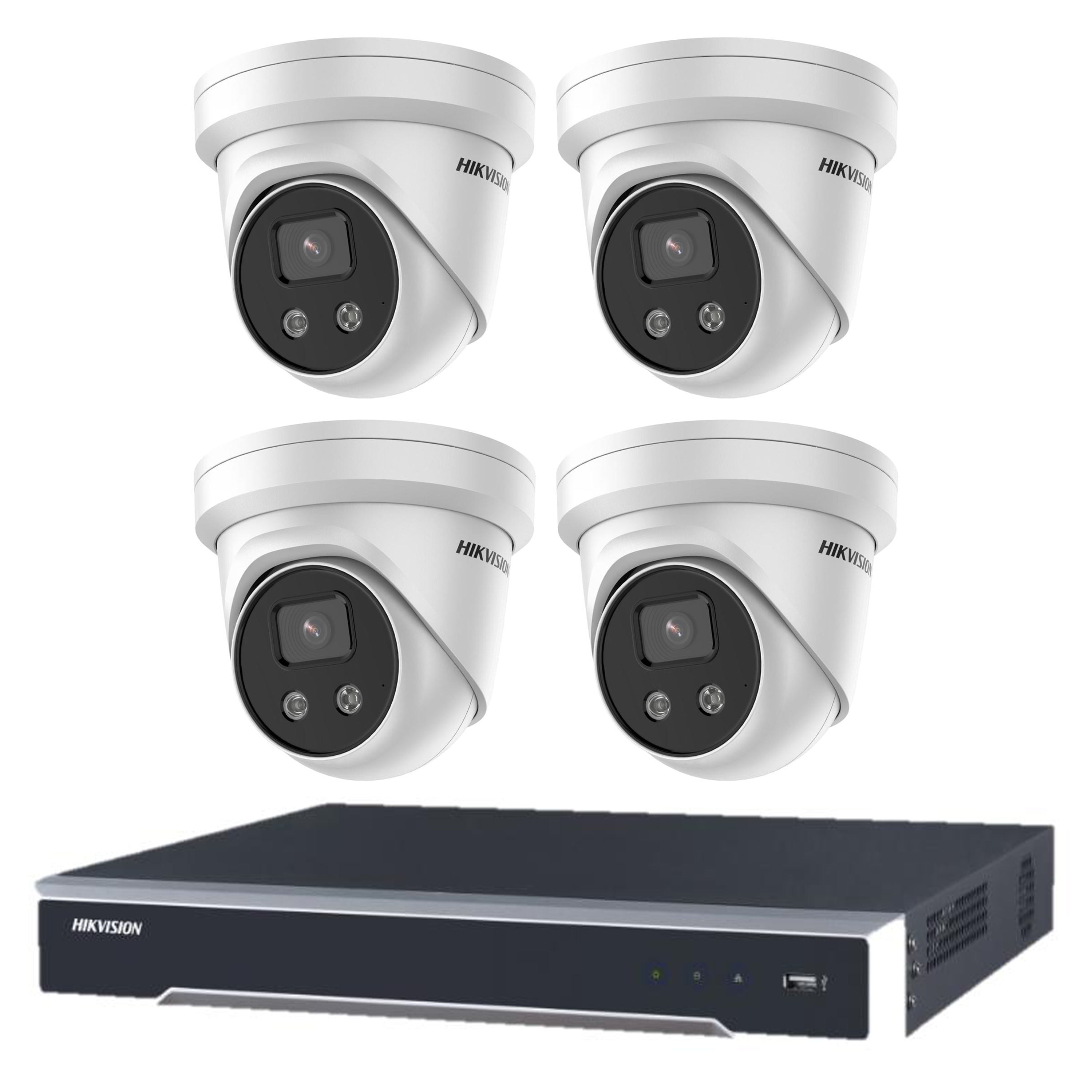Hikvision 8MP 4CH CCTV Kit: 4 x Outdoor Turret Cameras with Acusense Filter + 4CH NVR/4TB HDD