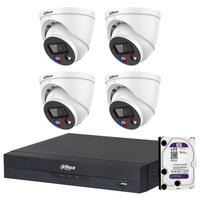 Set of Dahua 3849H security cameras with a DVR and hard drive on a white background