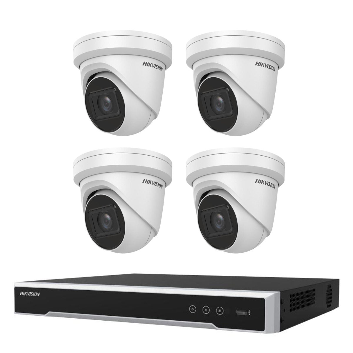 Hikvision 8MP 8CH CCTV Camera Kit: 4 x Outdoor Acusense Motorised VF Turret + 8CH NVR/4TB