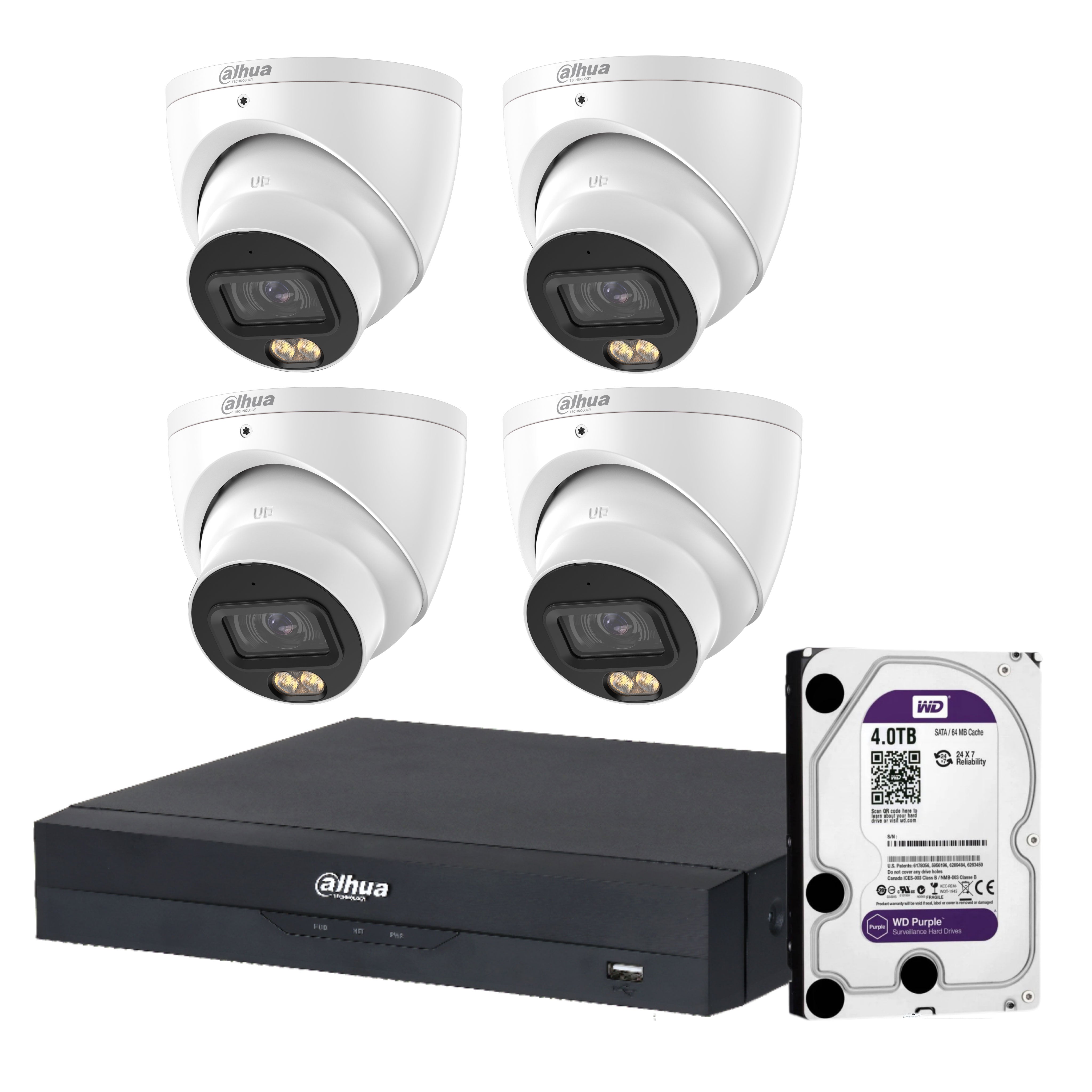 Dahua 4 x 5MP+ 8 Channels Kit:4x WizColor Turrets with SMD 4.0 + 8CH PoE NVR+ 4TB HDD