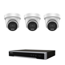 Hikvision CCTV kit: 3 × 2367G3-SL 6MP ColorVu 3.0 Smart Hybrid Light, all white, with one NVR7604M1 4-channel PoE recorder; no HDD