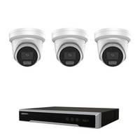 Hikvision CCTV kit: 3 × 2367G3-SL 6MP ColorVu 3.0 Smart Hybrid Light, all white, with one NVR7604M1 4-channel PoE recorder; no HDD
