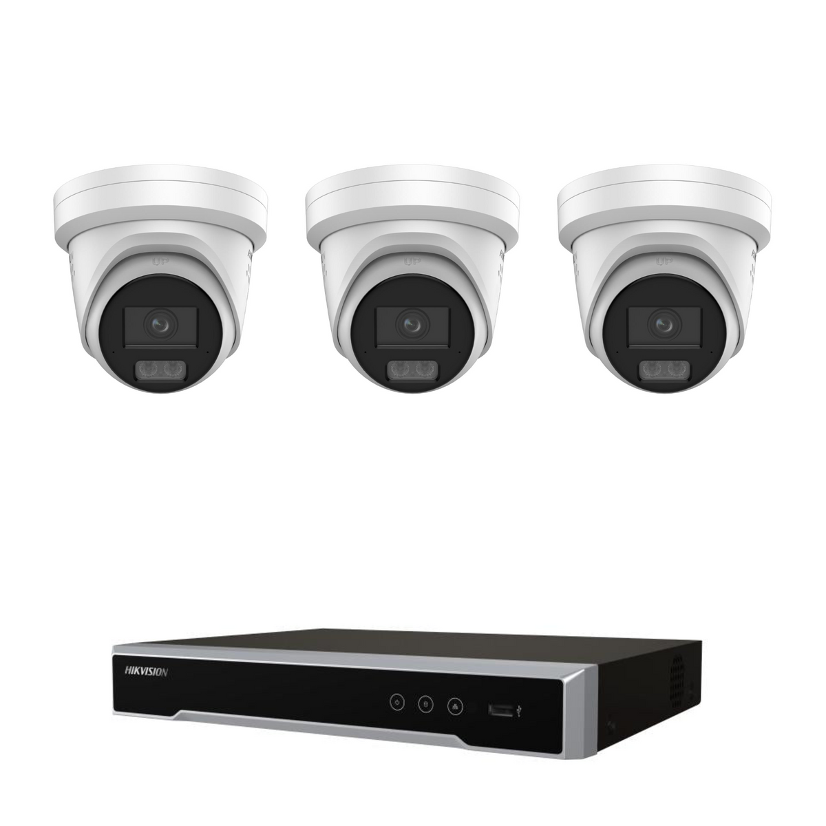 Hikvision CCTV kit: 3 × 2367G3-SL 6MP ColorVu 3.0 Smart Hybrid Light, all white, with one NVR7604M1 4-channel PoE recorder; no HDD