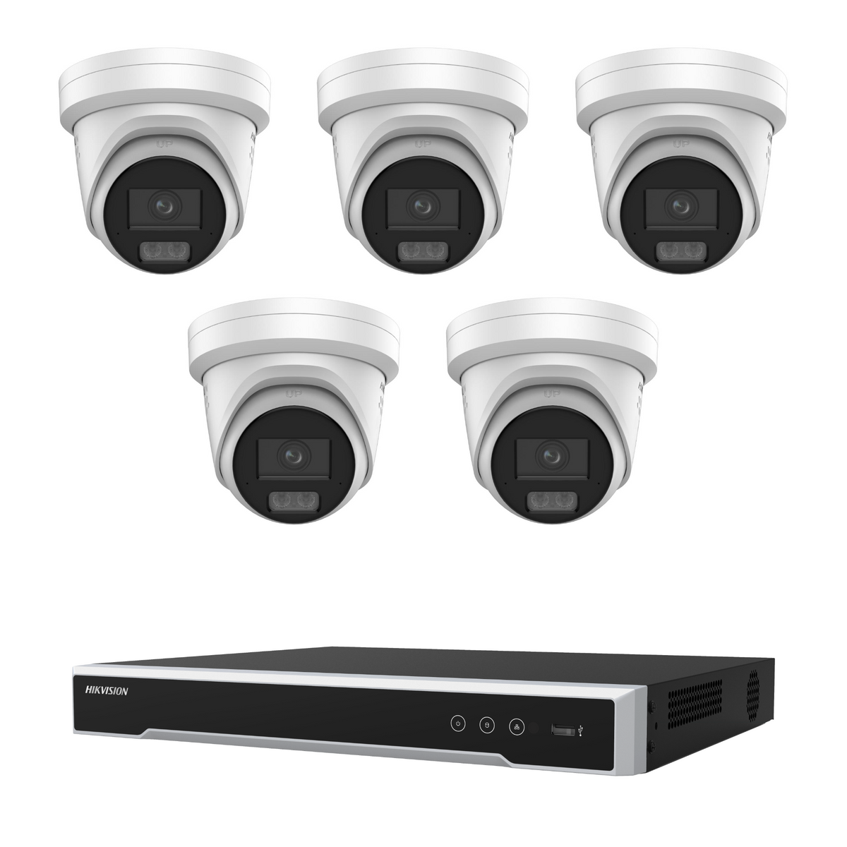 Hikvision CCTV kit: 5 × 2367G3-SL 6MP ColorVu 3.0 Smart Hybrid Light, all white, with one NVR7608M2 8-channel PoE recorder; no HDD