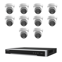 Hikvision CCTV kit: 10 × 2386G2H-IU 8MP AcuSense DarkFighter IR, all white, with one NVR7616M2 16-channel PoE recorder; no HDD