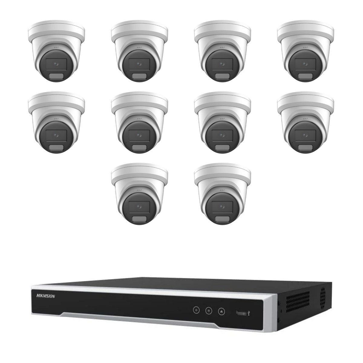 Hikvision CCTV kit: 10 × 2386G2H-IU 8MP AcuSense DarkFighter IR, all white, with one NVR7616M2 16-channel PoE recorder; no HDD