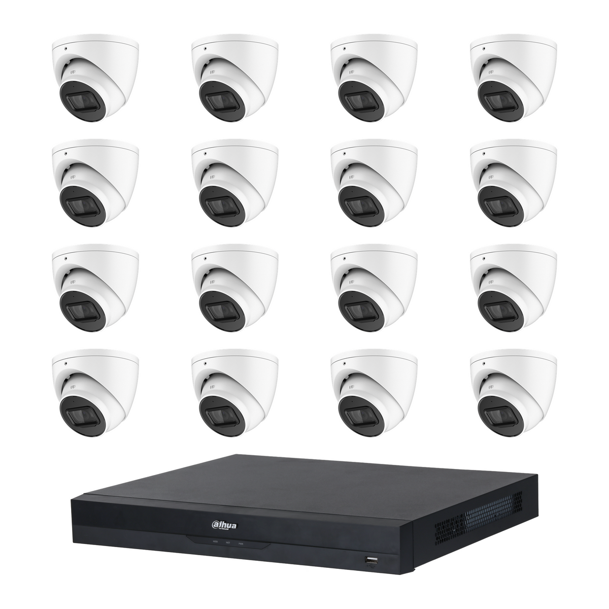 Dahua CCTV kit containing 16 white HDW2541EMP 5MP turret cameras and one NVR4216 16-channel PoE NVR; no hard drive included