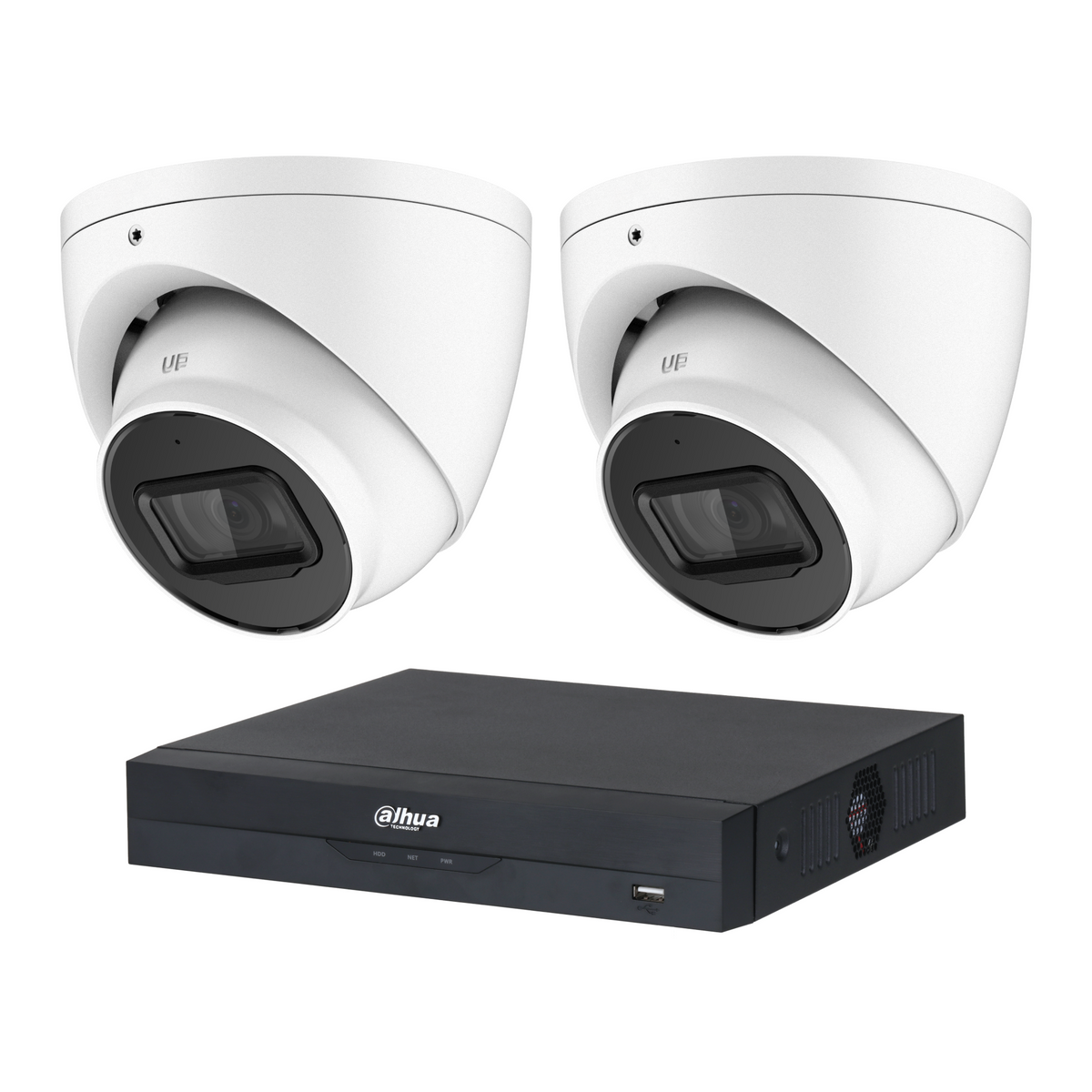 Dahua CCTV kit: 2 × HDW2541EMP 5MP IR, all white, with one NVR4104 4-channel PoE recorder; no HDD