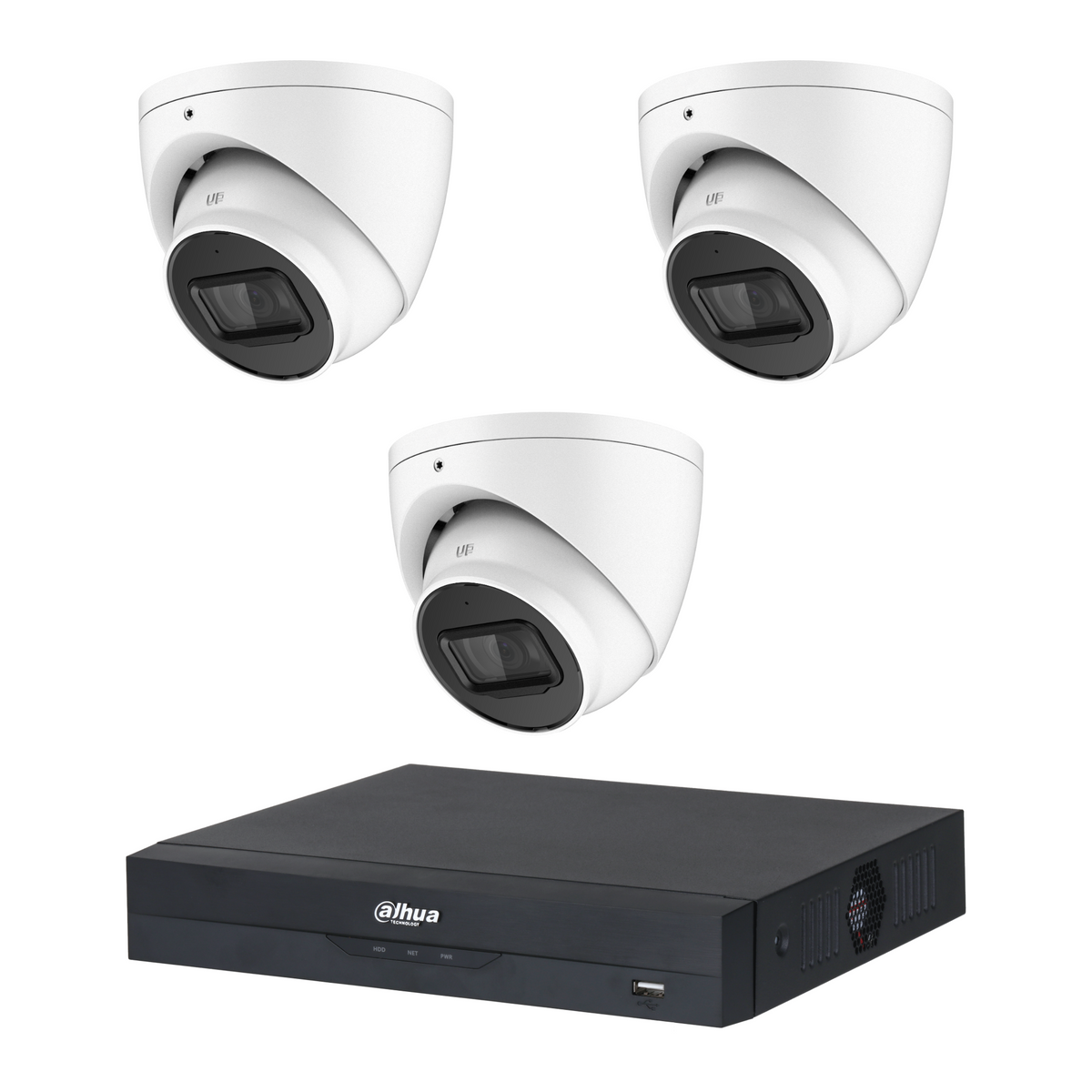 Dahua CCTV kit: 3 × HDW2541EMP 5MP IR, all white, with one NVR4104 4-channel PoE recorder; no HDD
