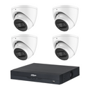 Dahua CCTV kit containing 4 white HDW2541EMP 5MP turret cameras and one NVR4104 4-channel PoE NVR; no hard drive included
