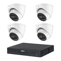 Dahua CCTV kit containing 4 white HDW2541EMP 5MP turret cameras and one NVR4104 4-channel PoE NVR; no hard drive included