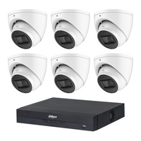 Dahua CCTV kit containing 6 white HDW2541EMP 5MP turret cameras and one NVR4108 8-channel PoE NVR; no hard drive included