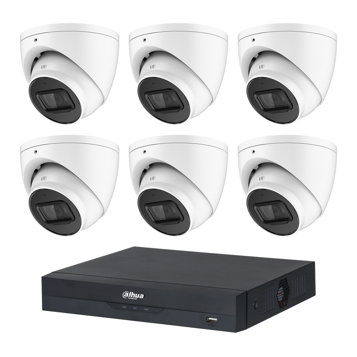 Dahua CCTV kit containing 6 white HDW2541EMP 5MP turret cameras and one NVR4108 8-channel PoE NVR; no hard drive included