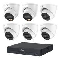 Dahua CCTV kit: 2 × HDW2549EMP 5MP WizColor + 4 × HDW2541EMP 5MP IR, all white, with one NVR4108 8-channel PoE recorder; no HDD