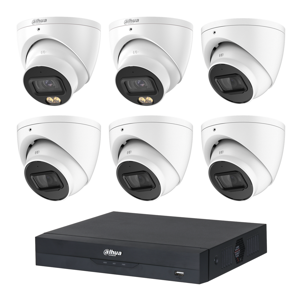 Dahua CCTV kit: 2 × HDW2549EMP 5MP WizColor + 4 × HDW2541EMP 5MP IR, all white, with one NVR4108 8-channel PoE recorder; no HDD
