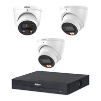 Dahua CCTV kit: 1 × HDW3649H-S2 6MP TiOC S2 + 2 × HDW3667EM 6MP Smart Dual Light, all white, with one NVR4104 4-channel PoE recorder; no HDD