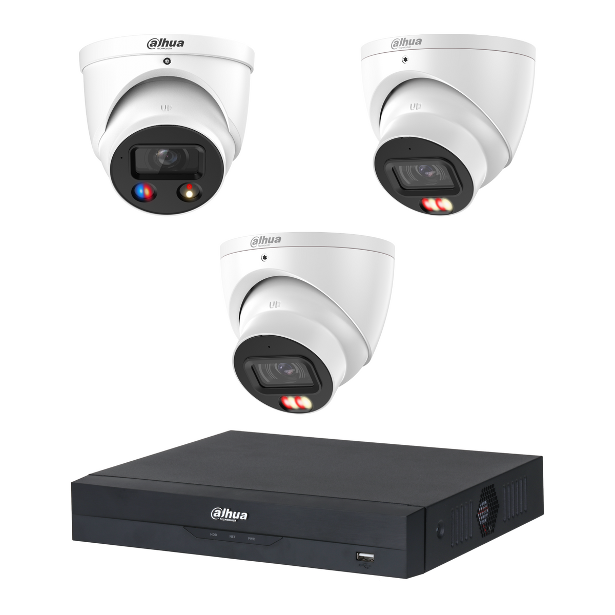 Dahua CCTV kit: 1 × HDW3649H-S2 6MP TiOC S2 + 2 × HDW3667EM 6MP Smart Dual Light, all white, with one NVR4104 4-channel PoE recorder; no HDD
