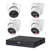 Dahua CCTV kit: 1 × HDW3649H-S2 6MP TiOC S2 + 3 × HDW3667EM 6MP Smart Dual Light, all white, with one NVR4104 4-channel PoE recorder; no HDD