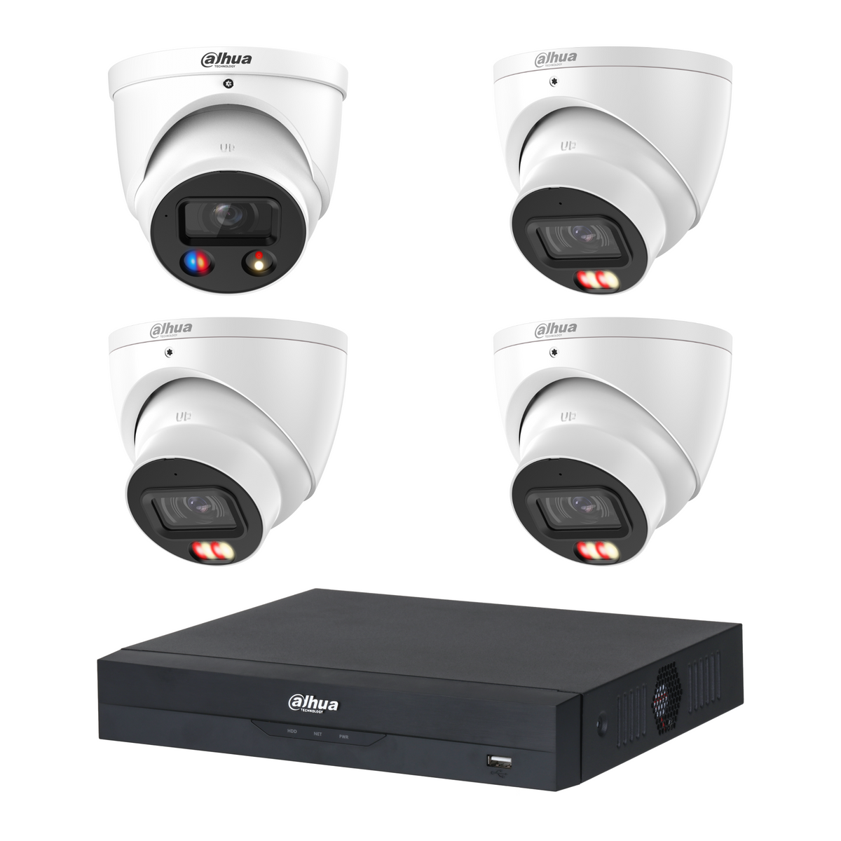 Dahua CCTV kit: 1 × HDW3649H-S2 6MP TiOC S2 + 3 × HDW3667EM 6MP Smart Dual Light, all white, with one NVR4104 4-channel PoE recorder; no HDD