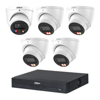 Dahua CCTV kit: 1 × HDW3649H-S2 6MP TiOC S2 + 4 × HDW3667EM 6MP Smart Dual Light, all white, with one NVR4108 8-channel PoE recorder; no HDD