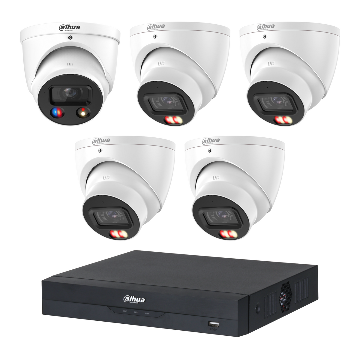Dahua CCTV kit: 1 × HDW3649H-S2 6MP TiOC S2 + 4 × HDW3667EM 6MP Smart Dual Light, all white, with one NVR4108 8-channel PoE recorder; no HDD