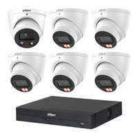 Dahua CCTV kit: 1 × HDW3649H-S2 6MP TiOC S2 + 5 × HDW3667EM 6MP Smart Dual Light, all white, with one NVR4108 8-channel PoE recorder; no HDD