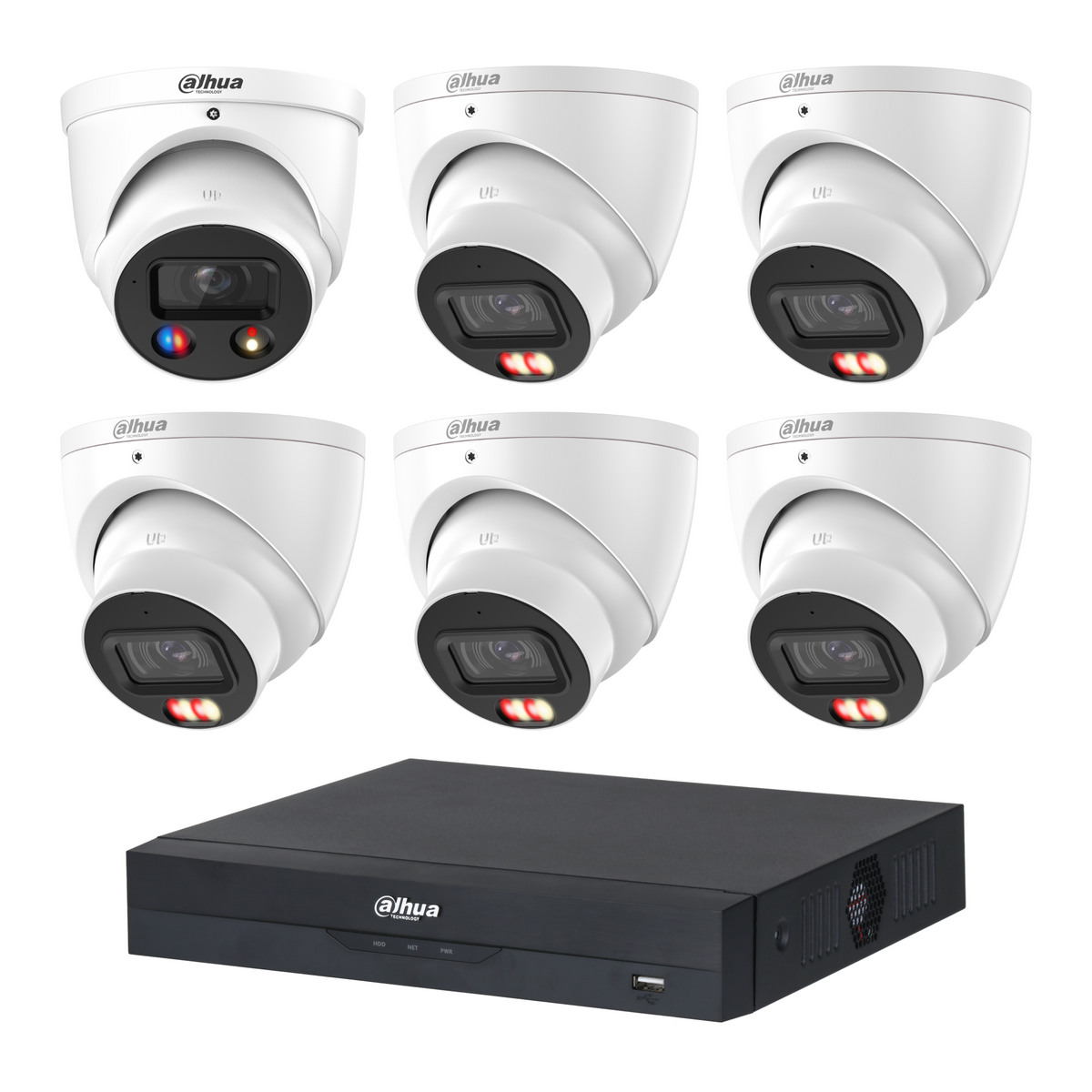 Dahua CCTV kit: 1 × HDW3649H-S2 6MP TiOC S2 + 5 × HDW3667EM 6MP Smart Dual Light, all white, with one NVR4108 8-channel PoE recorder; no HDD