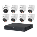 Dahua CCTV kit: 1 × HDW3649H-S2 6MP TiOC S2 + 7 × HDW3667EM 6MP Smart Dual Light, all white, with one NVR4108 8-channel PoE recorder; no HDD