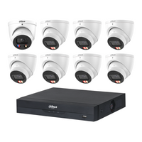 Dahua CCTV kit: 1 × HDW3649H-S2 6MP TiOC S2 + 7 × HDW3667EM 6MP Smart Dual Light, all white, with one NVR4108 8-channel PoE recorder; no HDD