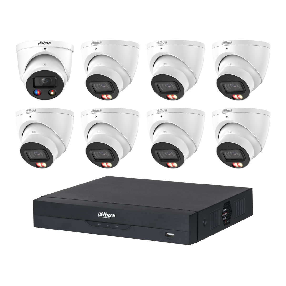 Dahua CCTV kit: 1 × HDW3649H-S2 6MP TiOC S2 + 7 × HDW3667EM 6MP Smart Dual Light, all white, with one NVR4108 8-channel PoE recorder; no HDD