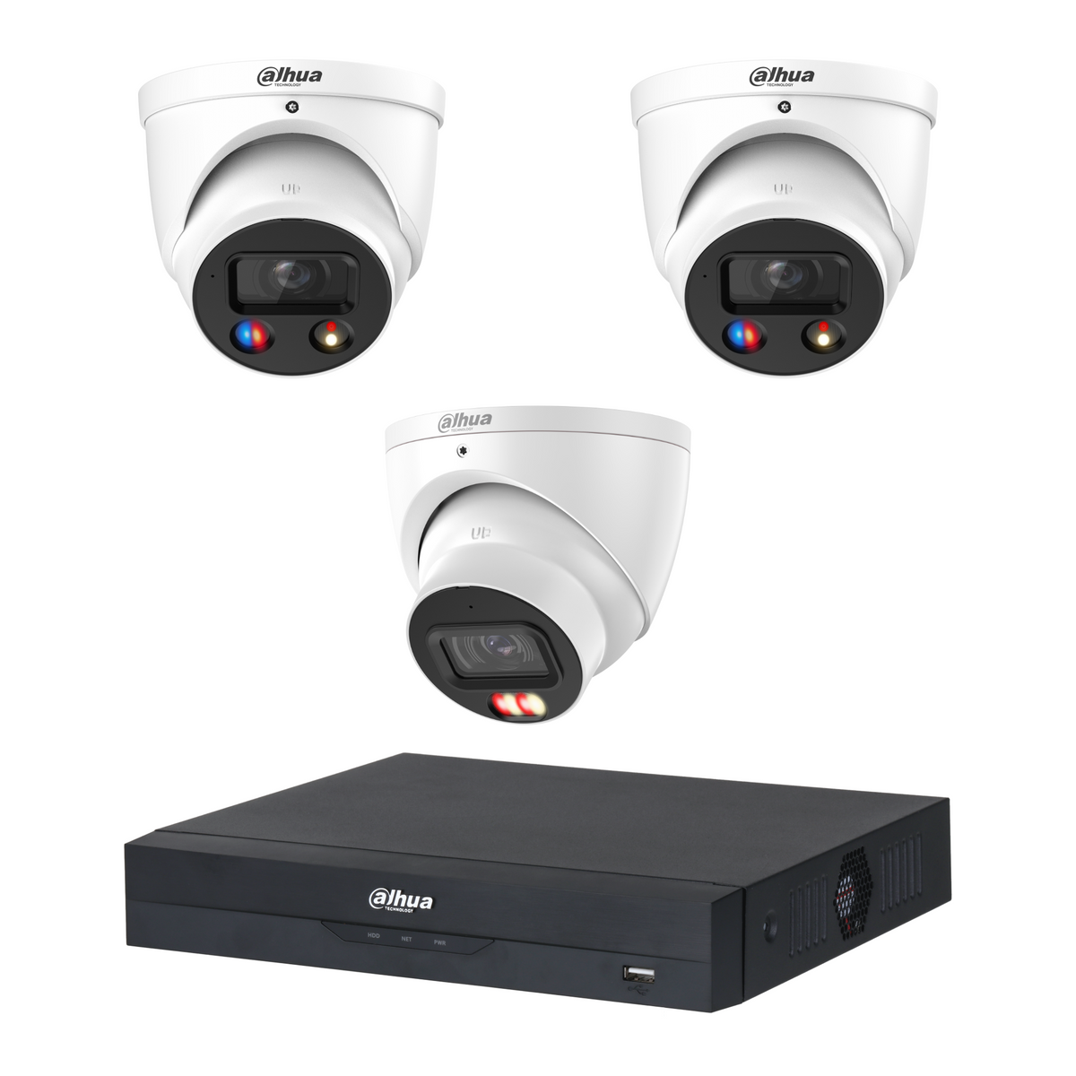 Dahua CCTV kit: 2 × HDW3649H-S2 6MP TiOC S2 + 1 × HDW3667EM 6MP Smart Dual Light, all white, with one NVR4104 4-channel PoE recorder; no HDD