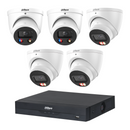 Dahua CCTV kit: 2 × HDW3649H-S2 6MP TiOC S2 + 3 × HDW3667EM 6MP Smart Dual Light, all white, with one NVR4108 8-channel PoE recorder; no HDD