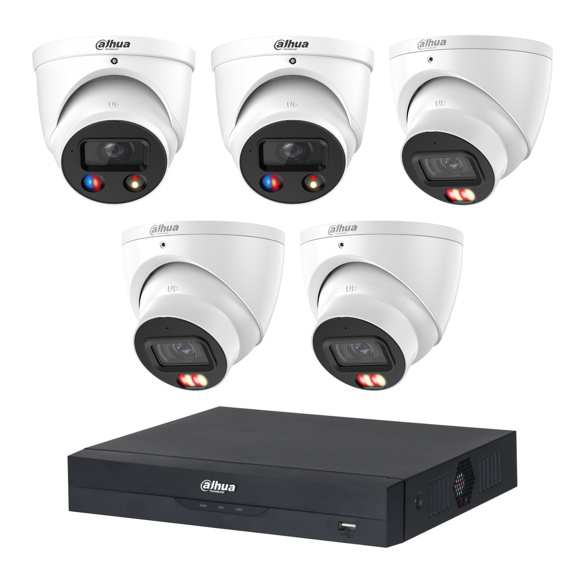 Dahua CCTV kit: 2 × HDW3649H-S2 6MP TiOC S2 + 3 × HDW3667EM 6MP Smart Dual Light, all white, with one NVR4108 8-channel PoE recorder; no HDD