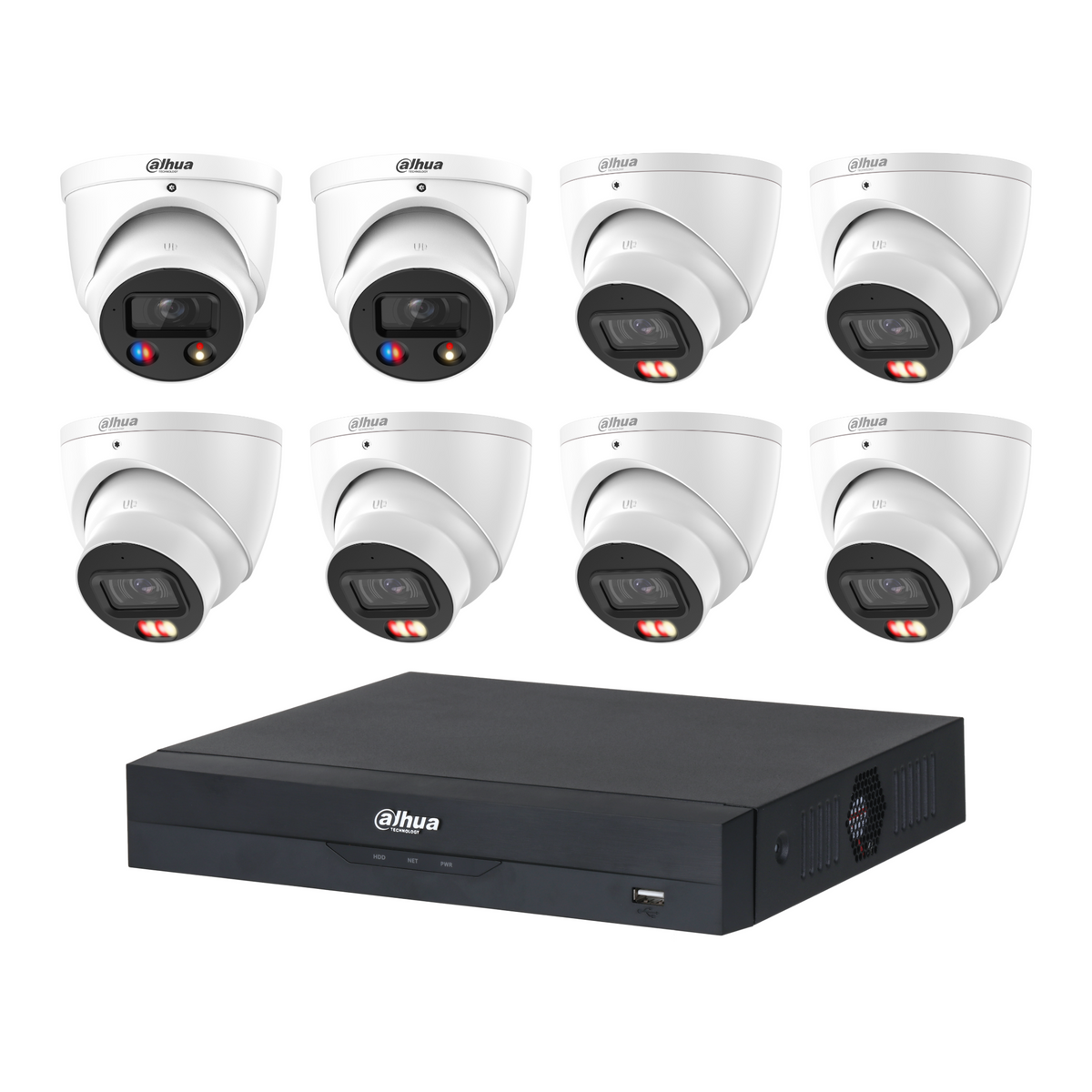 Dahua CCTV kit: 2 × HDW3649H-S2 6MP TiOC S2 + 6 × HDW3667EM 6MP Smart Dual Light, all white, with one NVR4108 8-channel PoE recorder; no HDD