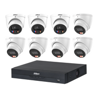 Dahua CCTV kit: 3 × HDW3649H-S2 6MP TiOC S2 + 5 × HDW3667EM 6MP Smart Dual Light, all white, with one NVR4108 8-channel PoE recorder; no HDD